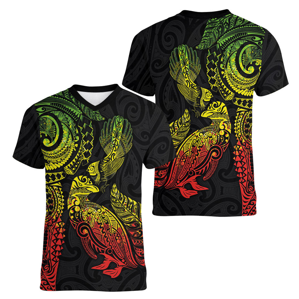 Aotearoa Moko Tribal Tattoo Women V-Neck T-Shirt New Zealand Maori Penguin and Fantail Reggae Style