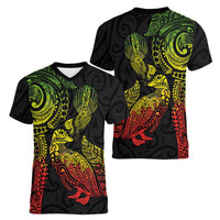 Aotearoa Moko Tribal Tattoo Women V-Neck T-Shirt New Zealand Maori Penguin and Fantail Reggae Style