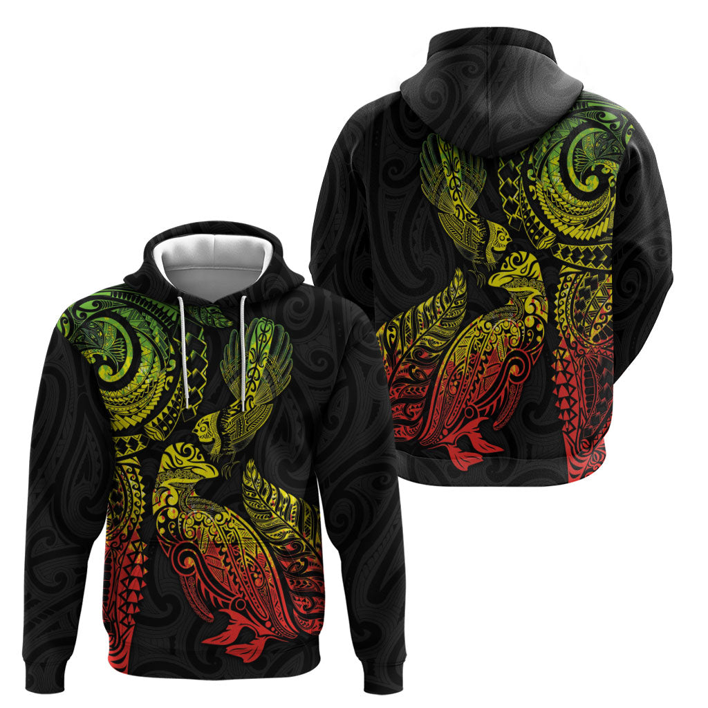 Aotearoa Moko Tribal Tattoo Zip Hoodie New Zealand Maori Penguin and Fantail Reggae Style