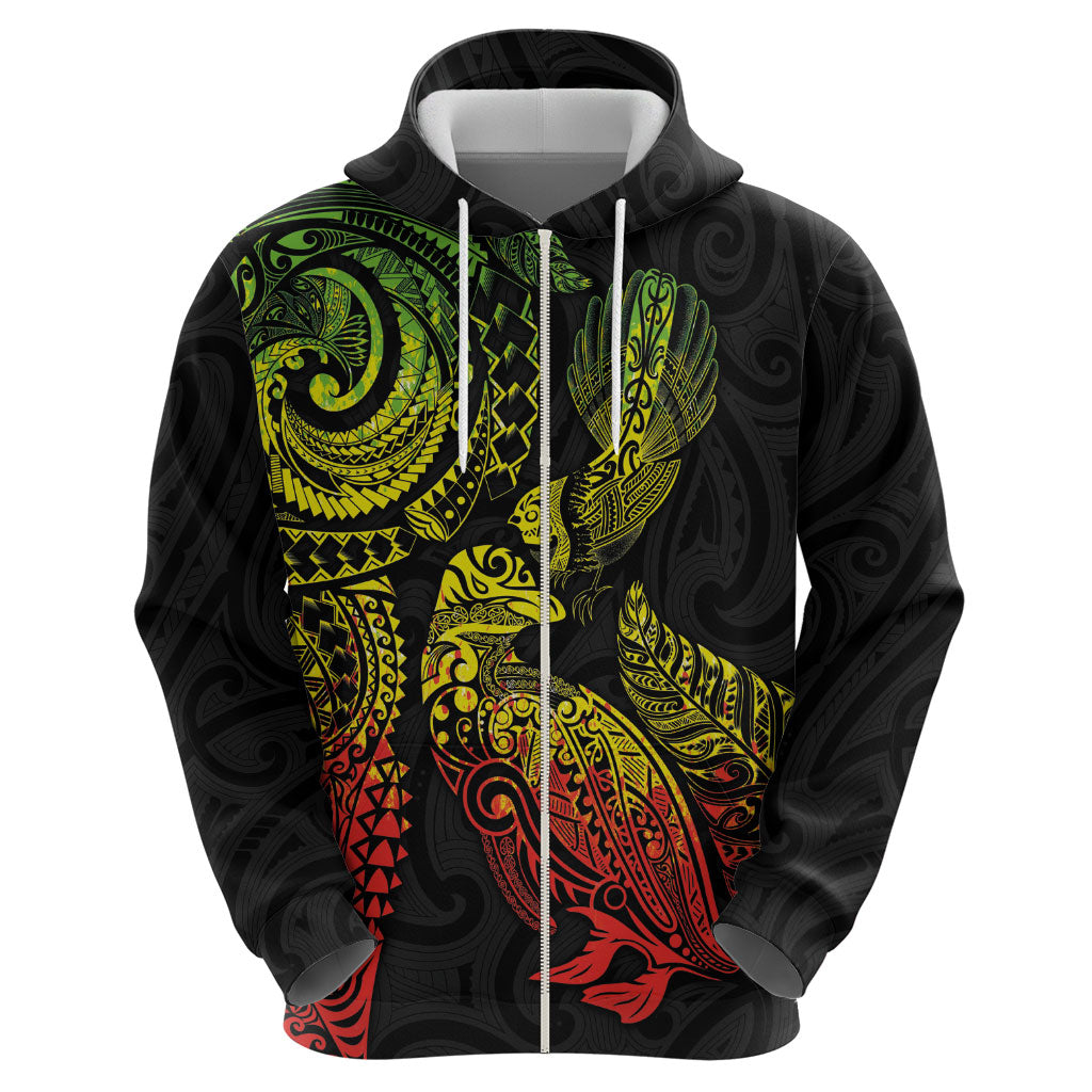 Aotearoa Moko Tribal Tattoo Zip Hoodie New Zealand Maori Penguin and Fantail Reggae Style