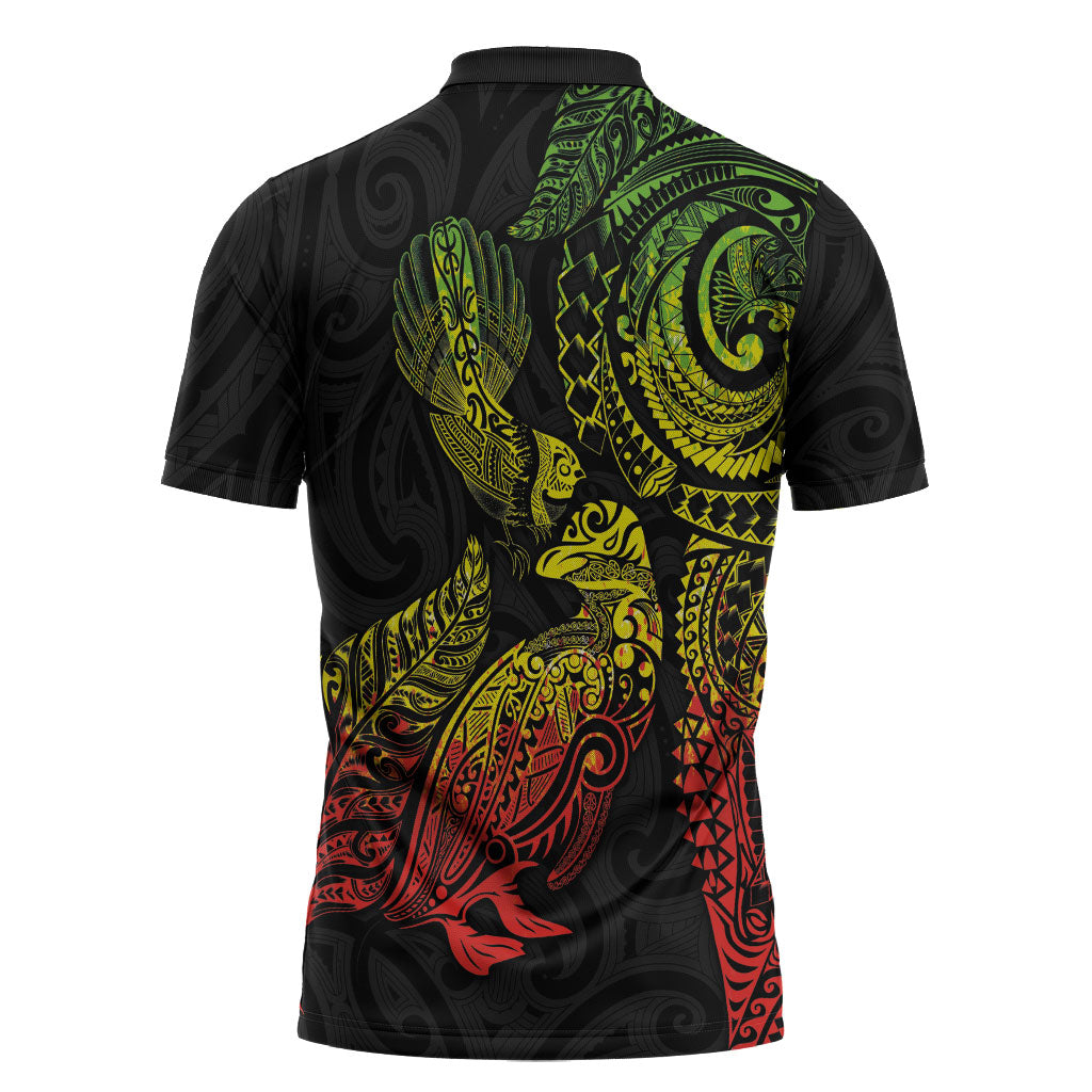 Aotearoa Moko Tribal Tattoo Zipper Polo Shirt New Zealand Maori Penguin and Fantail Reggae Style