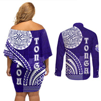 Tupou College Toloa Couples Matching Off Shoulder Short Dress and Long Sleeve Button Shirt Ngatu and Polynesian Pattern