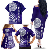 Tupou College Toloa Family Matching Off The Shoulder Long Sleeve Dress and Hawaiian Shirt Ngatu and Polynesian Pattern
