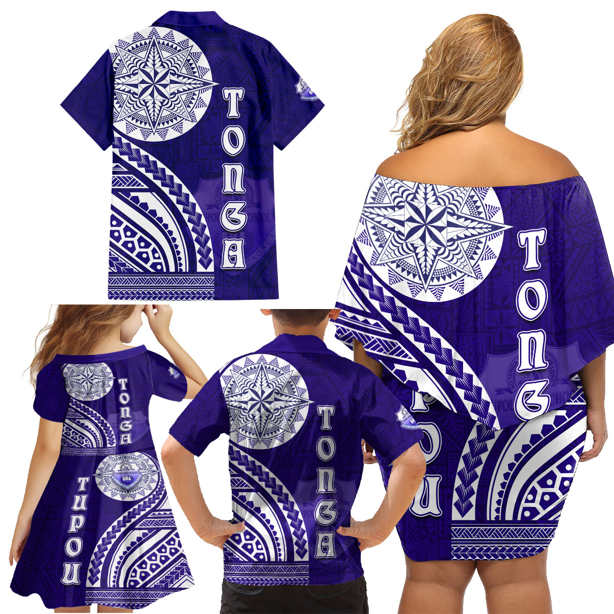 Tupou College Toloa Family Matching Off Shoulder Short Dress and Hawaiian Shirt Ngatu and Polynesian Pattern
