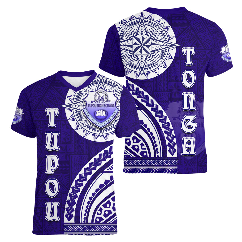 Tupou College Toloa Women V-Neck T-Shirt Ngatu and Polynesian Pattern