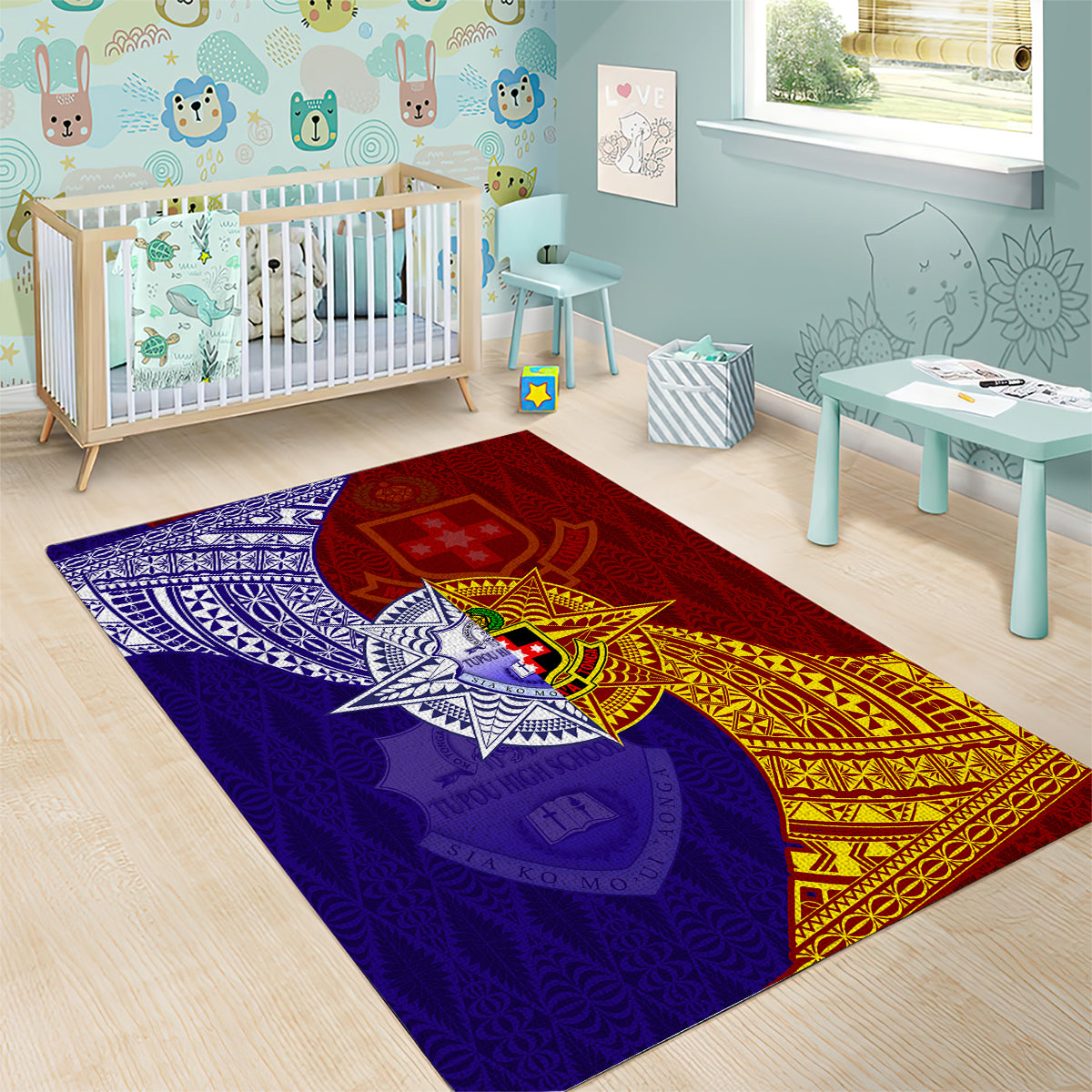 Kolisi Tonga Atele and Tupou College Toloa Area Rug Ngatu and Polynesian Spiral Pattern