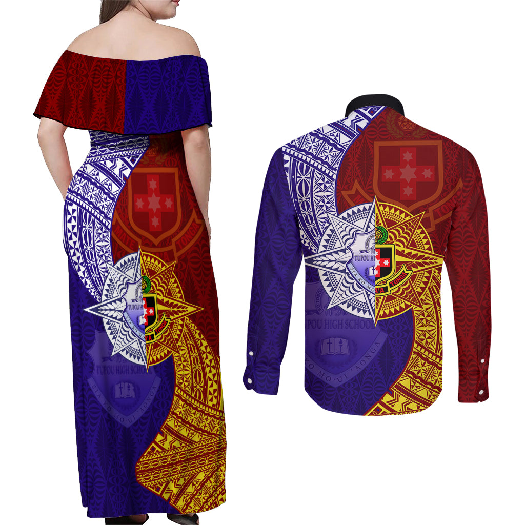 Kolisi Tonga Atele and Tupou College Toloa Couples Matching Off Shoulder Maxi Dress and Long Sleeve Button Shirt Ngatu and Polynesian Spiral Pattern