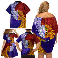 Kolisi Tonga Atele and Tupou College Toloa Family Matching Off Shoulder Short Dress and Hawaiian Shirt Ngatu and Polynesian Spiral Pattern