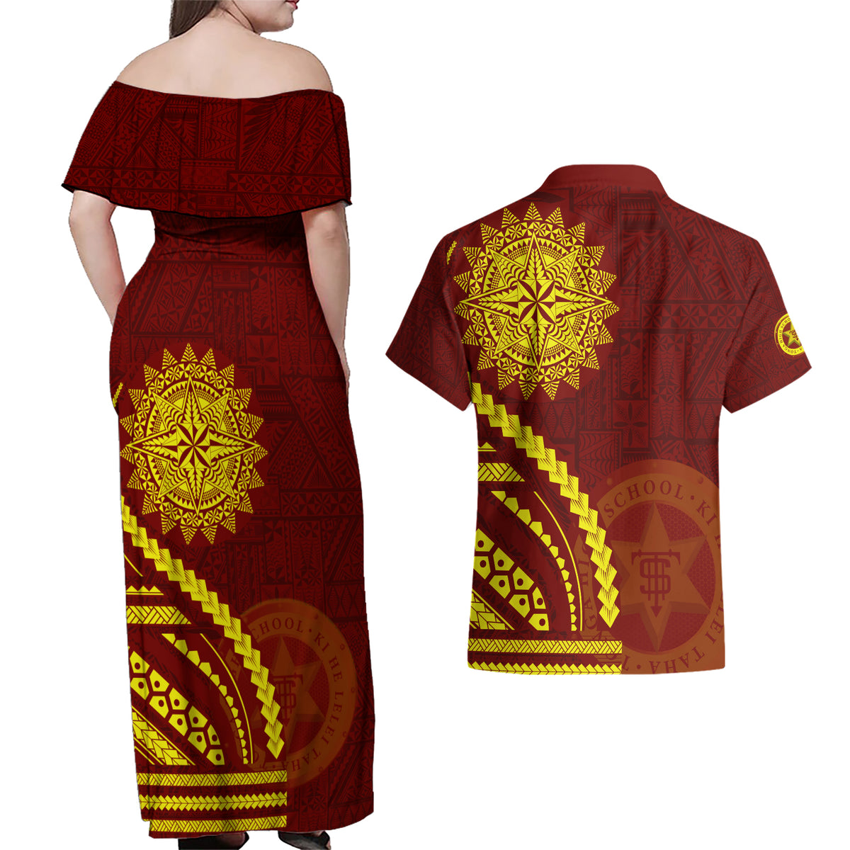 Tonga High School Couples Matching Off Shoulder Maxi Dress and Hawaiian Shirt Ngatu and Polynesian Pattern