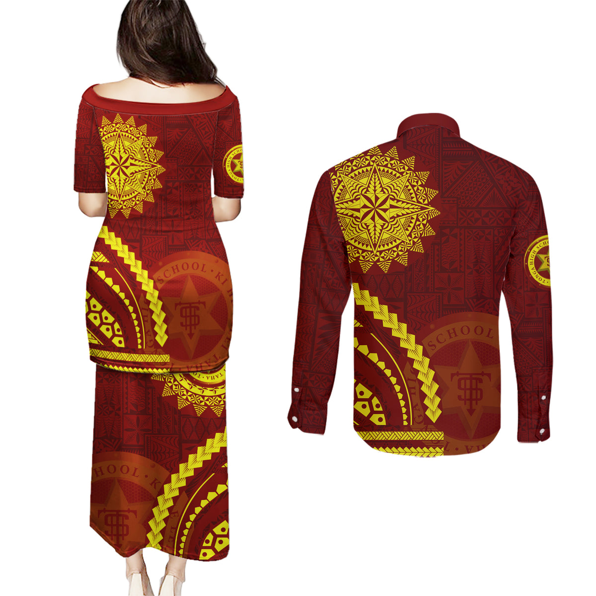 Tonga High School Couples Matching Puletasi and Long Sleeve Button Shirt Ngatu and Polynesian Pattern