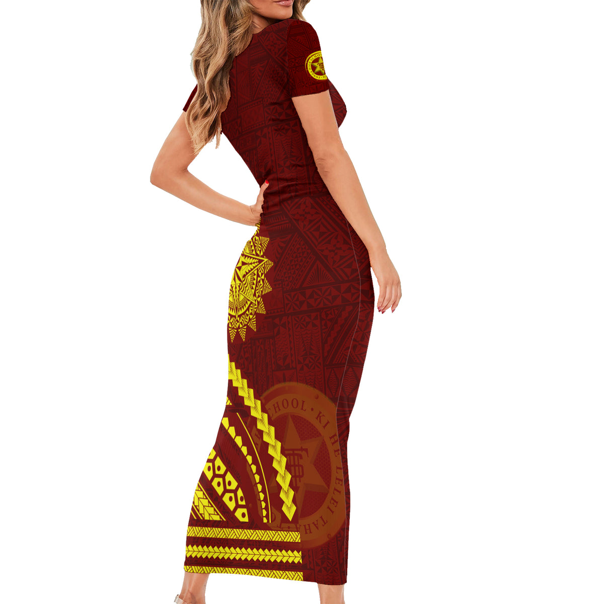 Tonga High School Short Sleeve Bodycon Dress Ngatu and Polynesian Pattern