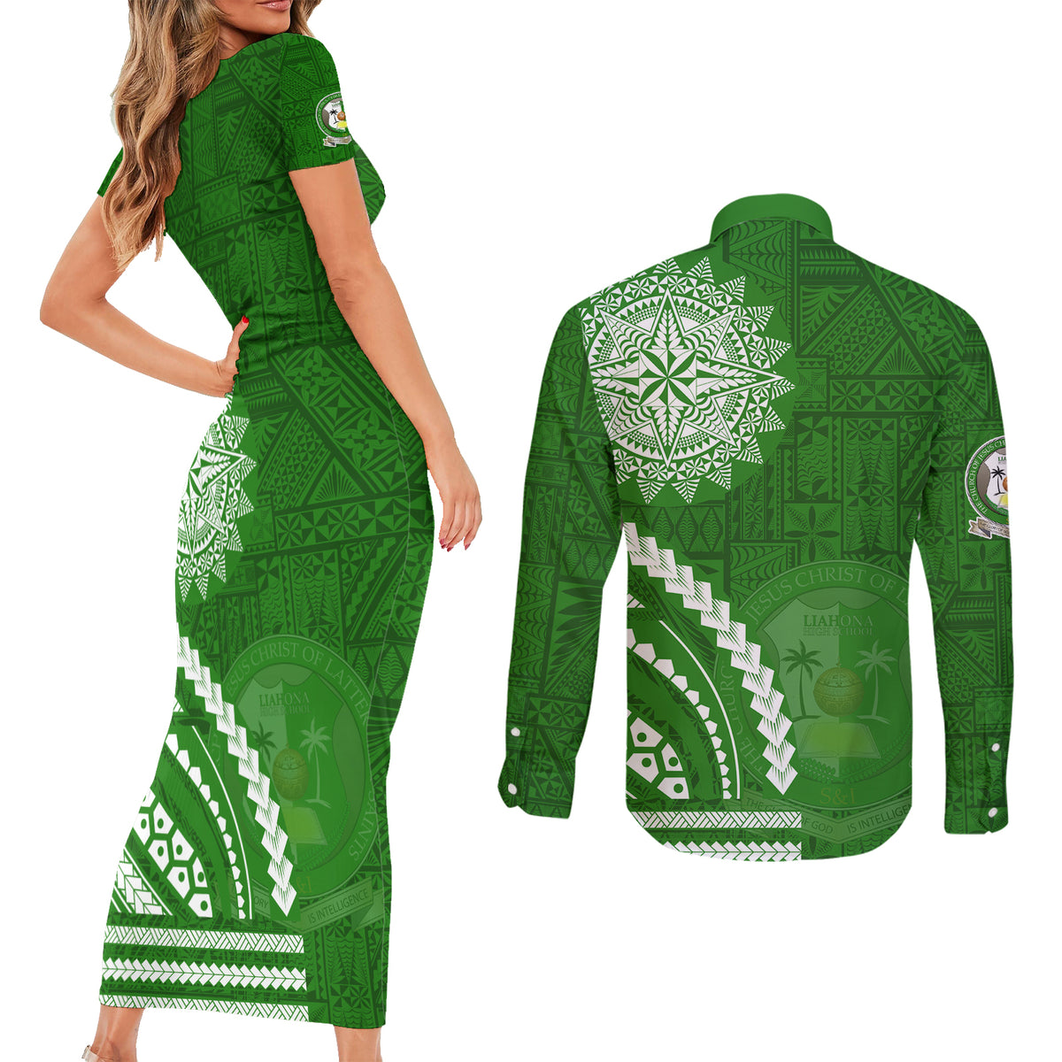 Liahona High School Couples Matching Short Sleeve Bodycon Dress and Long Sleeve Button Shirt Ngatu and Polynesian Pattern