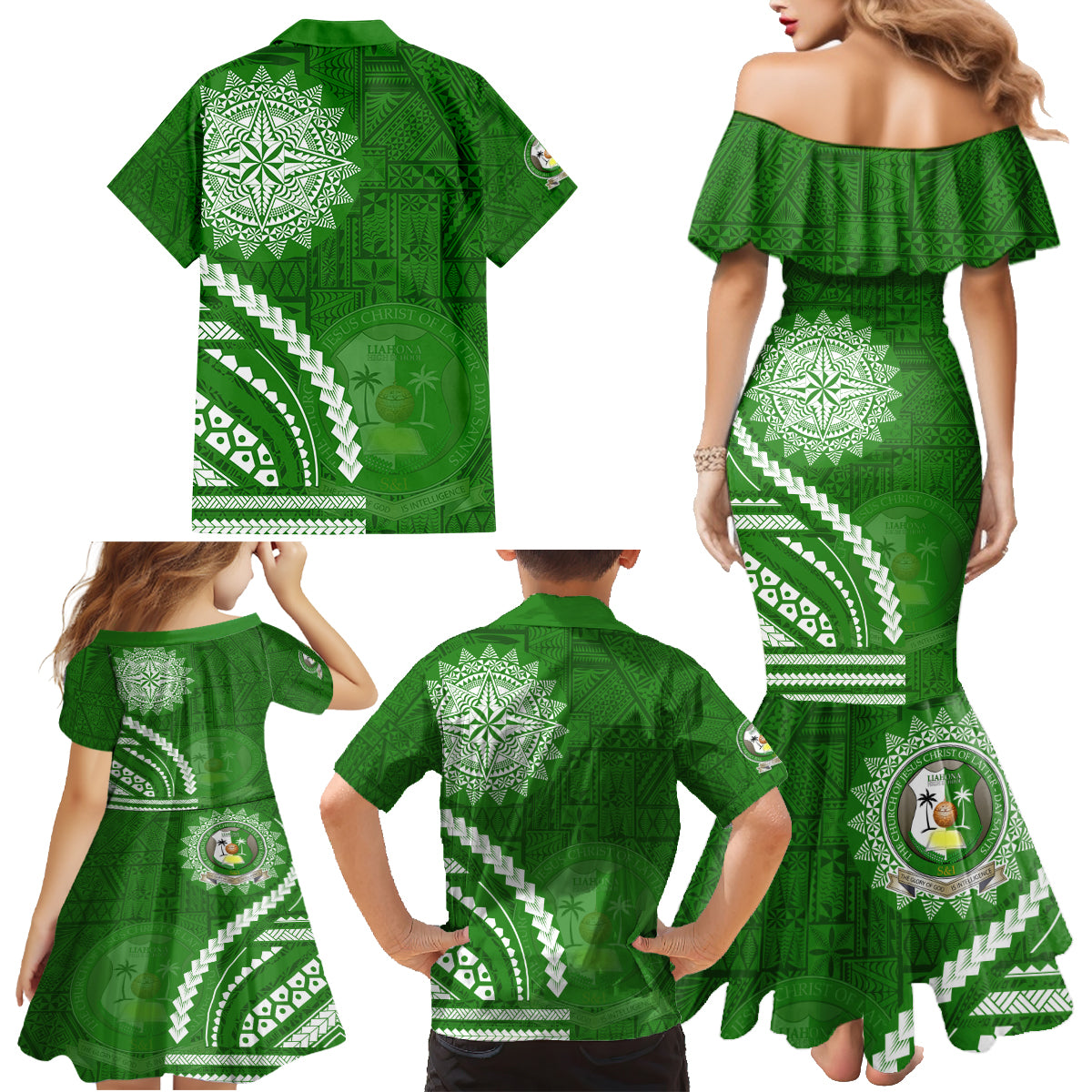 Liahona High School Family Matching Mermaid Dress and Hawaiian Shirt Ngatu and Polynesian Pattern
