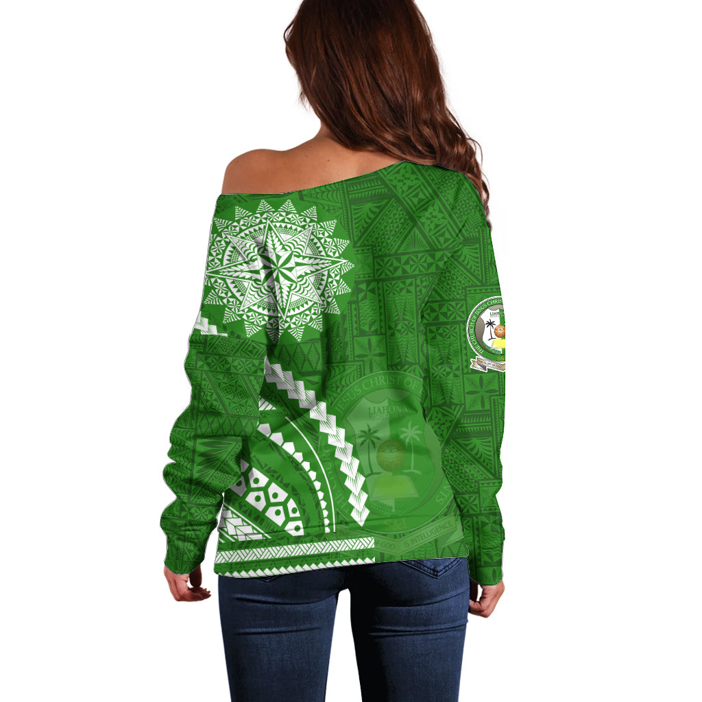 Liahona High School Off Shoulder Sweater Ngatu and Polynesian Pattern