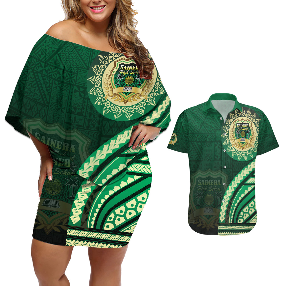 Saineha High School Couples Matching Off Shoulder Short Dress and Hawaiian Shirt Ngatu and Polynesian Pattern