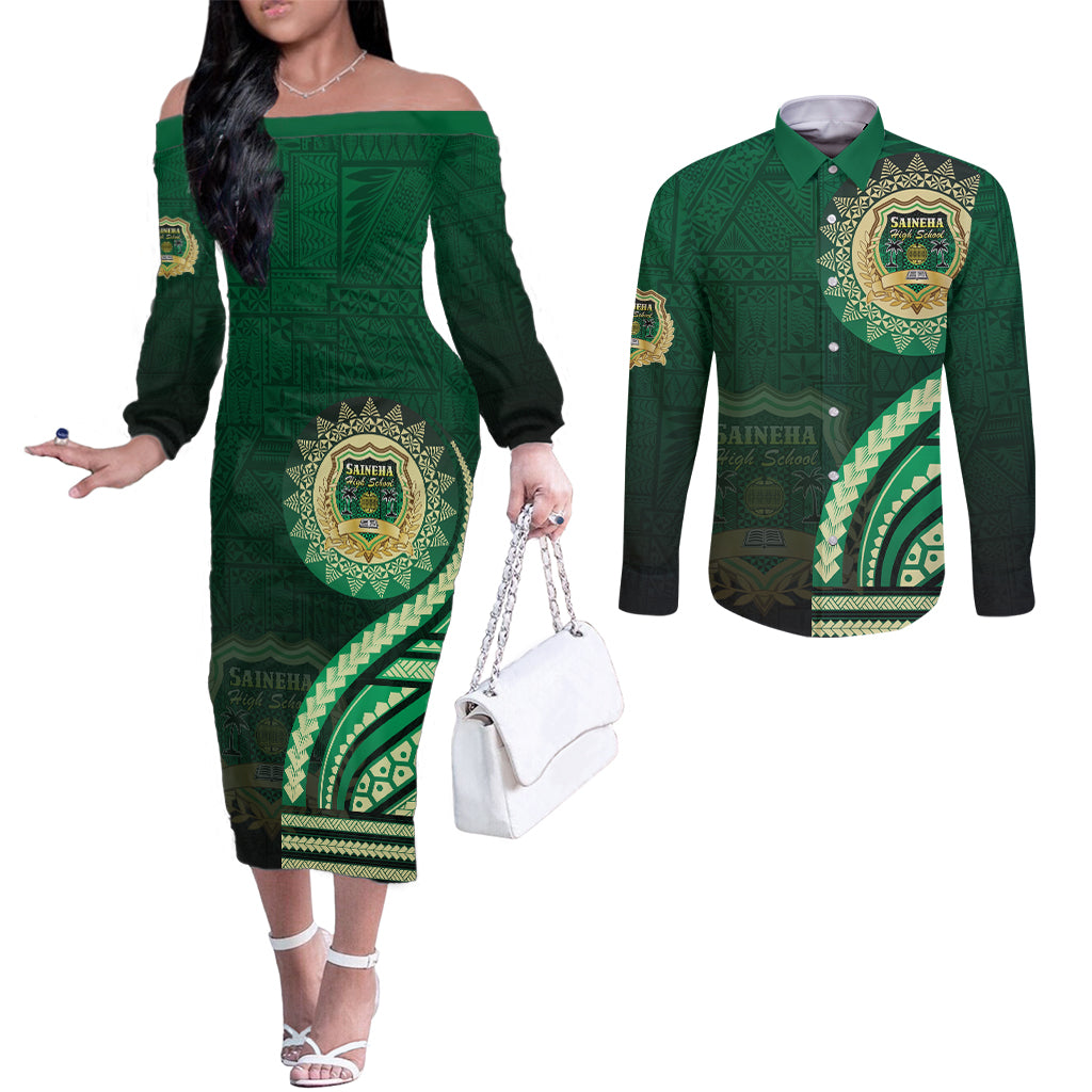 Saineha High School Couples Matching Off The Shoulder Long Sleeve Dress and Long Sleeve Button Shirt Ngatu and Polynesian Pattern