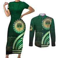 Saineha High School Couples Matching Short Sleeve Bodycon Dress and Long Sleeve Button Shirt Ngatu and Polynesian Pattern