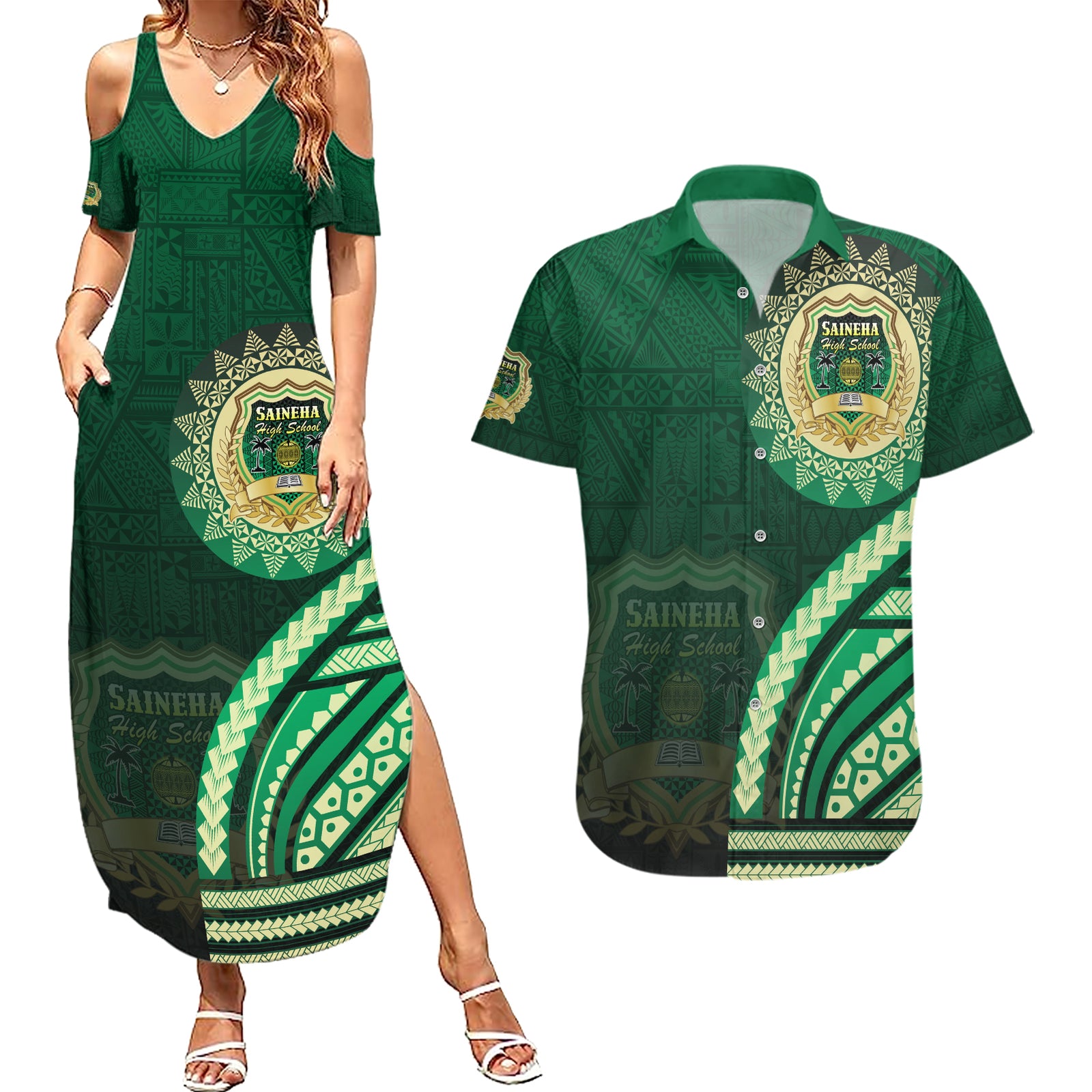 Saineha High School Couples Matching Summer Maxi Dress and Hawaiian Shirt Ngatu and Polynesian Pattern