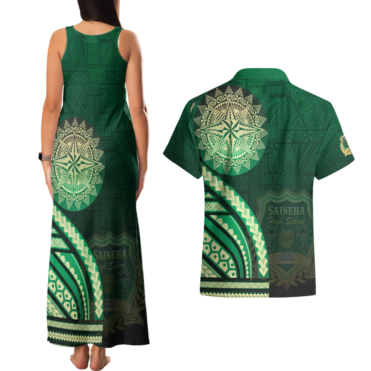 Saineha High School Couples Matching Tank Maxi Dress and Hawaiian Shirt Ngatu and Polynesian Pattern