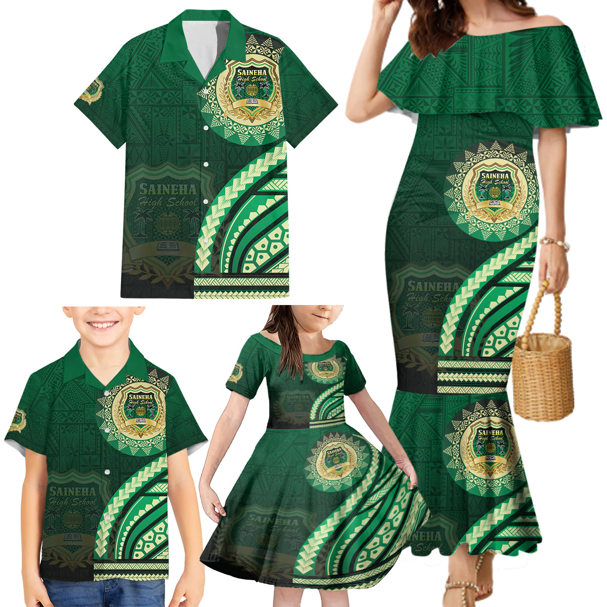 Saineha High School Family Matching Mermaid Dress and Hawaiian Shirt Ngatu and Polynesian Pattern