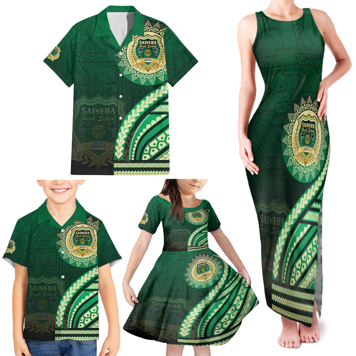 Saineha High School Family Matching Tank Maxi Dress and Hawaiian Shirt Ngatu and Polynesian Pattern