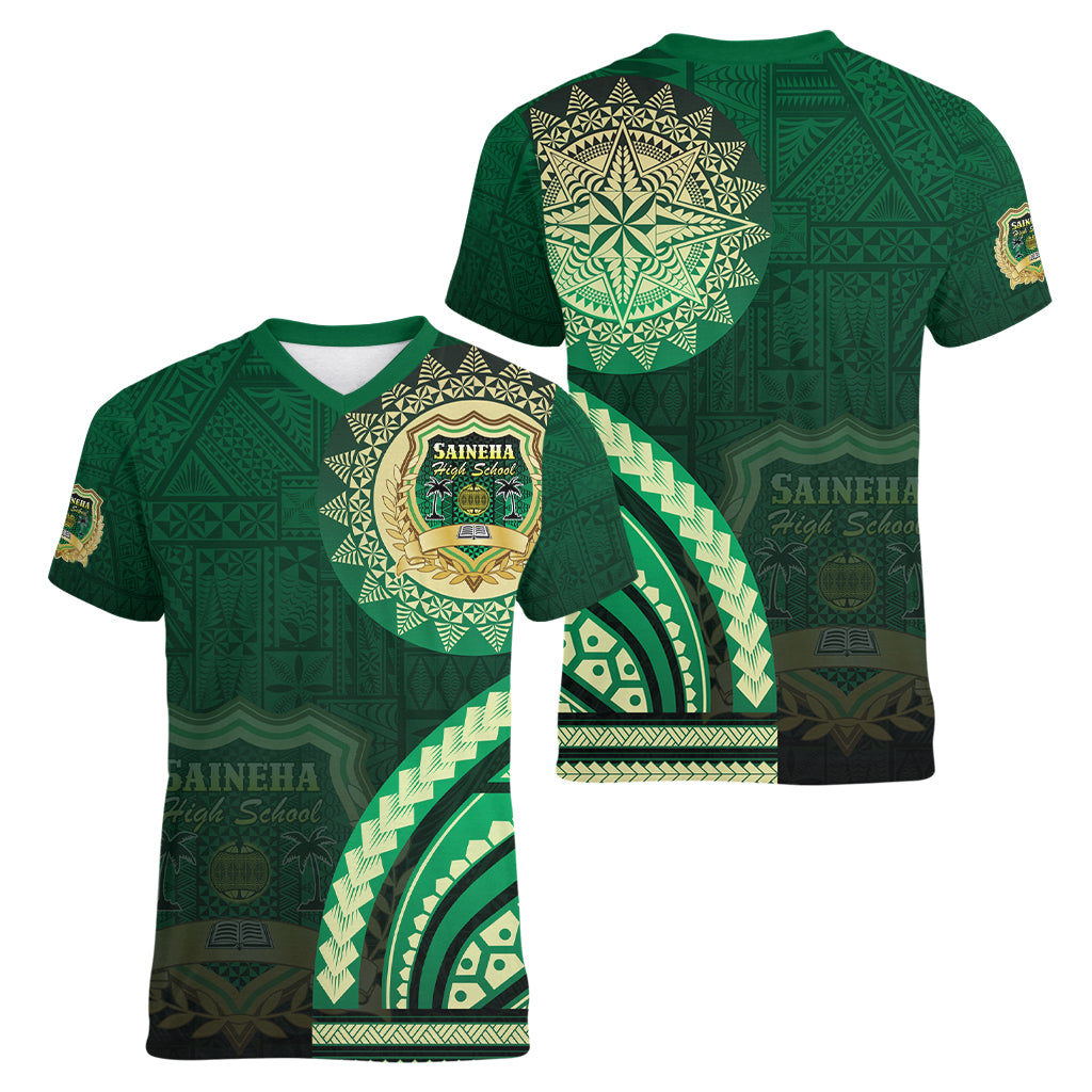 Saineha High School Women V-Neck T-Shirt Ngatu and Polynesian Pattern
