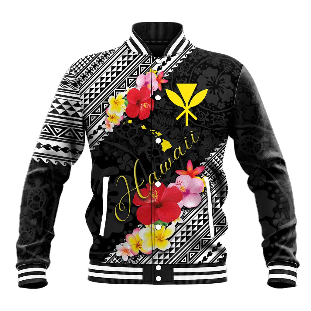 Aloha Hawaii Hibiscus and Plumeria Flowers Baseball Jacket Kanaka Maoli Tattoo Polynesian Pattern
