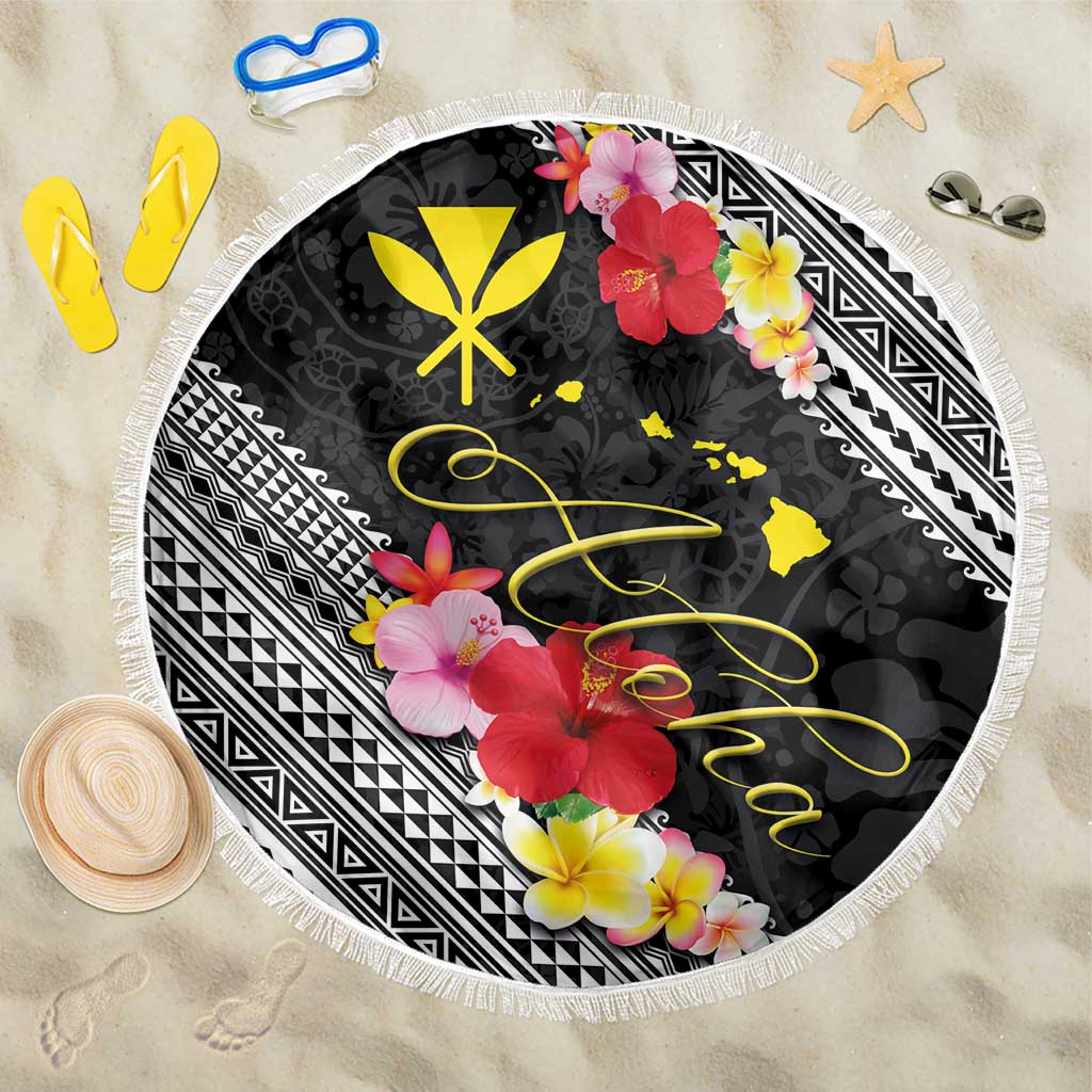 Aloha Hawaii Hibiscus and Plumeria Flowers Beach Blanket Kanaka Maoli Tattoo Polynesian Pattern