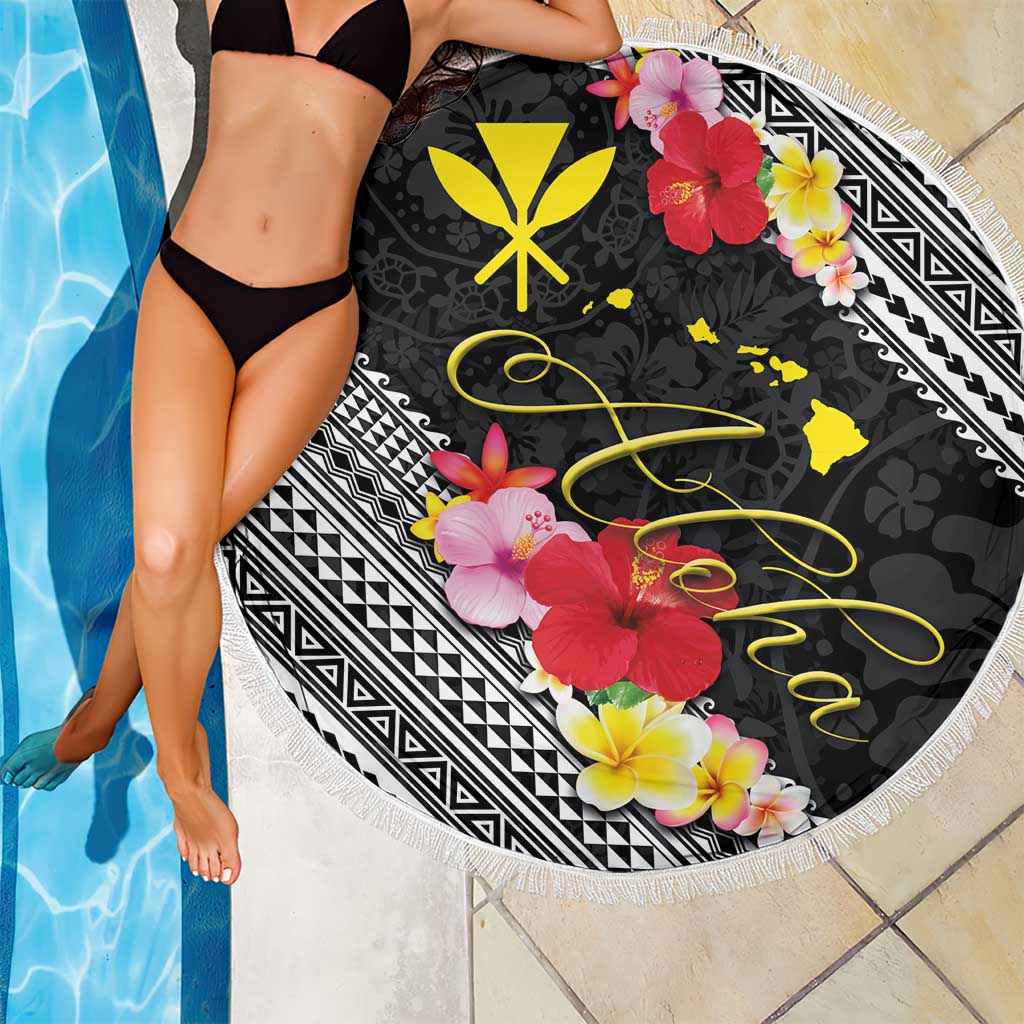 Aloha Hawaii Hibiscus and Plumeria Flowers Beach Blanket Kanaka Maoli Tattoo Polynesian Pattern