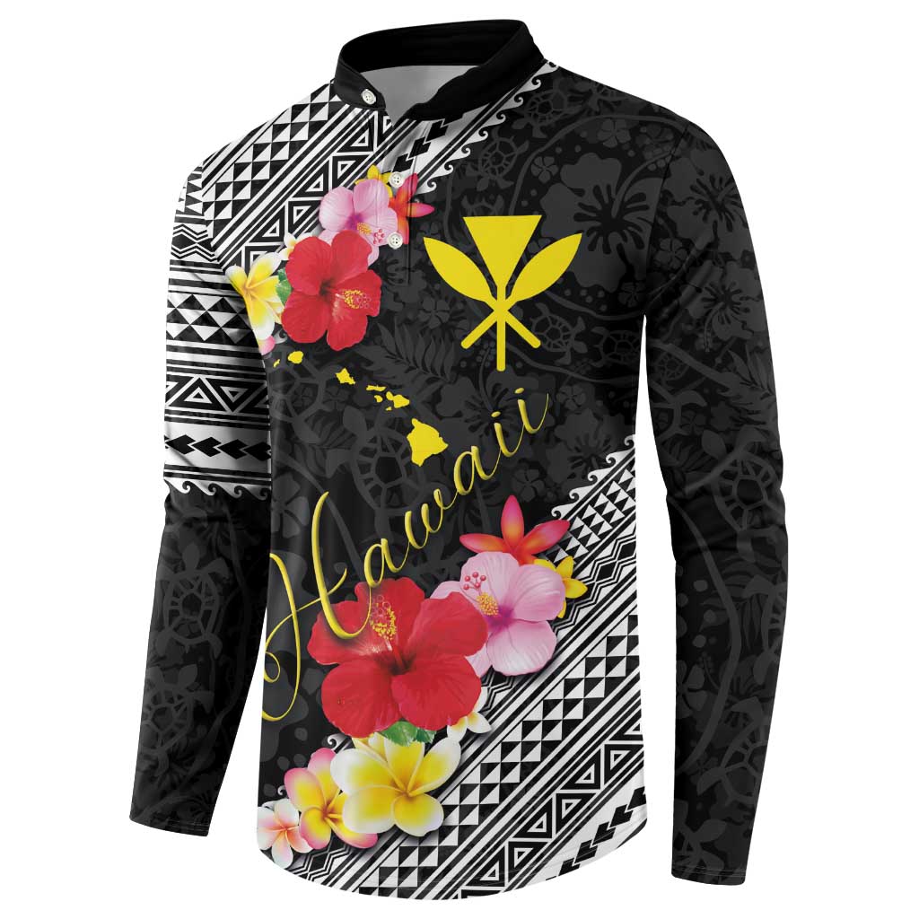 Aloha Hawaii Hibiscus and Plumeria Flowers Button Sweatshirt Kanaka Maoli Tattoo Polynesian Pattern