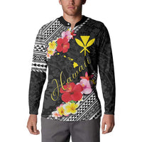 Aloha Hawaii Hibiscus and Plumeria Flowers Button Sweatshirt Kanaka Maoli Tattoo Polynesian Pattern
