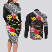 Aloha Hawaii Hibiscus and Plumeria Flowers Couples Matching Long Sleeve Bodycon Dress and Long Sleeve Button Shirt Kanaka Maoli Tattoo Polynesian Pattern