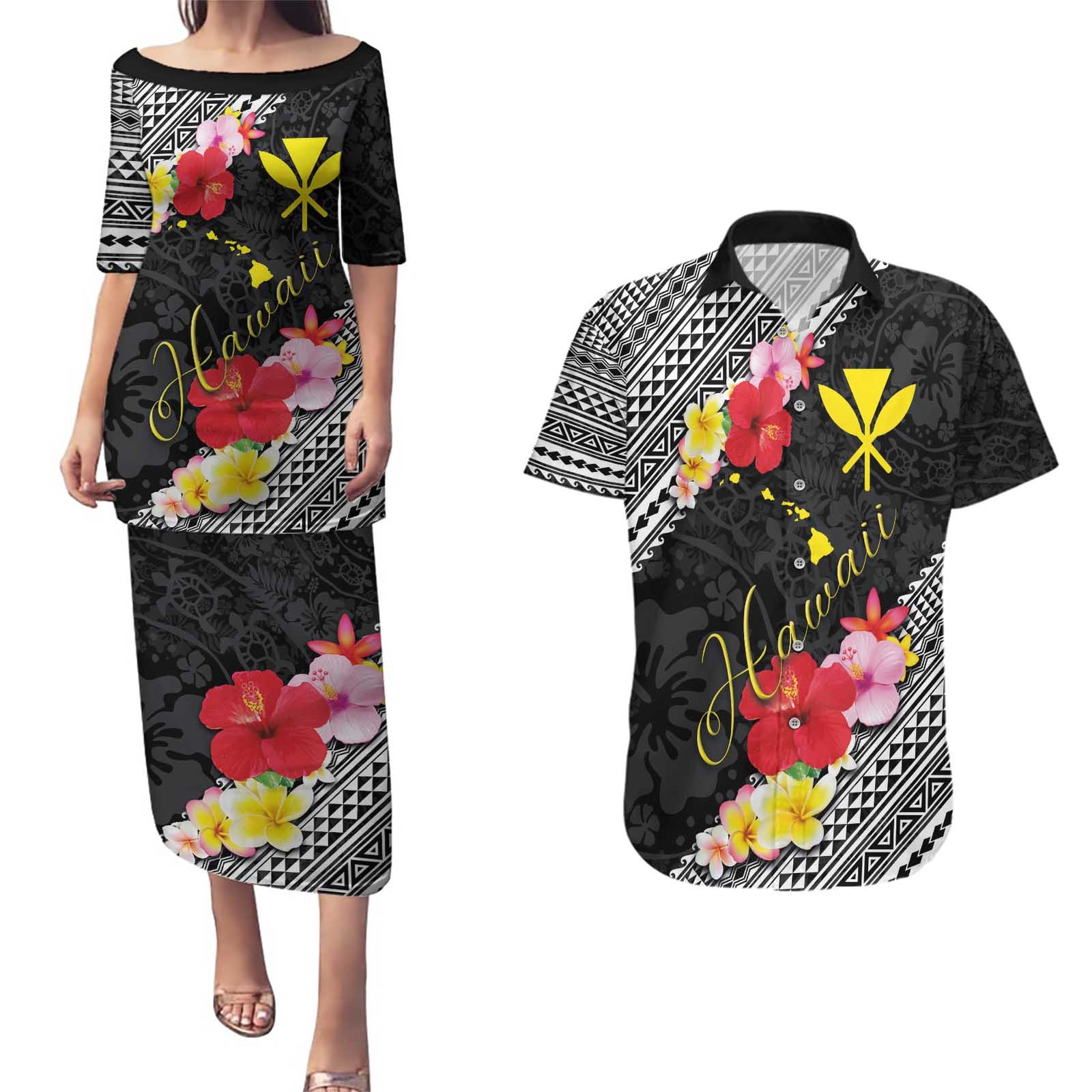 Aloha Hawaii Hibiscus and Plumeria Flowers Couples Matching Puletasi and Hawaiian Shirt Kanaka Maoli Tattoo Polynesian Pattern