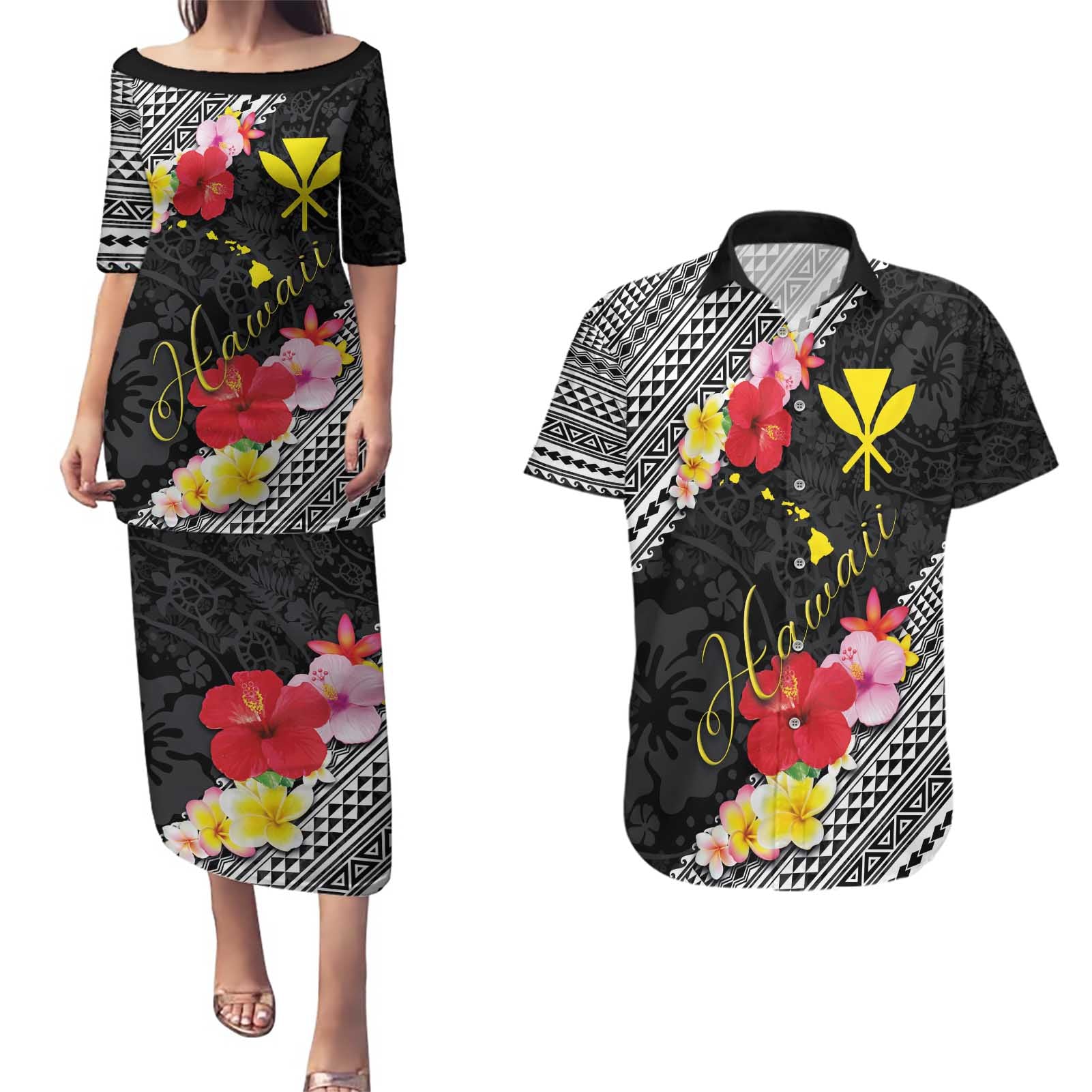 Aloha Hawaii Hibiscus and Plumeria Flowers Couples Matching Puletasi and Hawaiian Shirt Kanaka Maoli Tattoo Polynesian Pattern