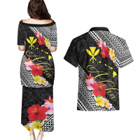 Aloha Hawaii Hibiscus and Plumeria Flowers Couples Matching Puletasi and Hawaiian Shirt Kanaka Maoli Tattoo Polynesian Pattern
