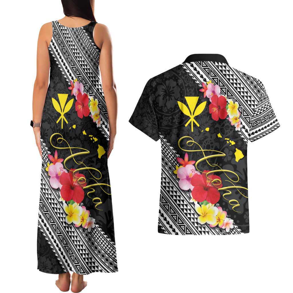 Aloha Hawaii Hibiscus and Plumeria Flowers Couples Matching Tank Maxi Dress and Hawaiian Shirt Kanaka Maoli Tattoo Polynesian Pattern