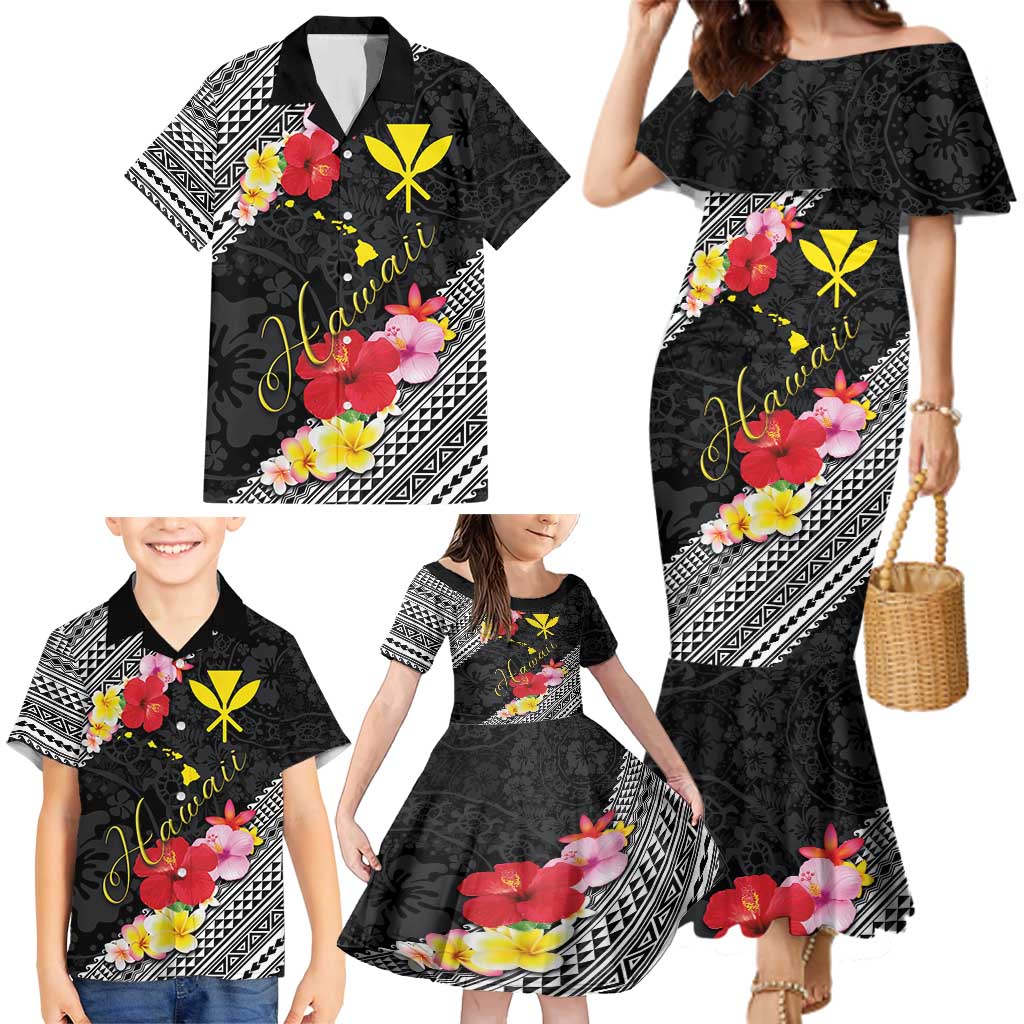 Aloha Hawaii Hibiscus and Plumeria Flowers Family Matching Mermaid Dress and Hawaiian Shirt Kanaka Maoli Tattoo Polynesian Pattern