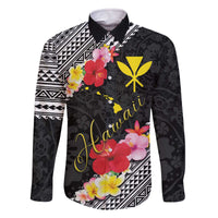 Aloha Hawaii Hibiscus and Plumeria Flowers Family Matching Off The Shoulder Long Sleeve Dress and Hawaiian Shirt Kanaka Maoli Tattoo Polynesian Pattern