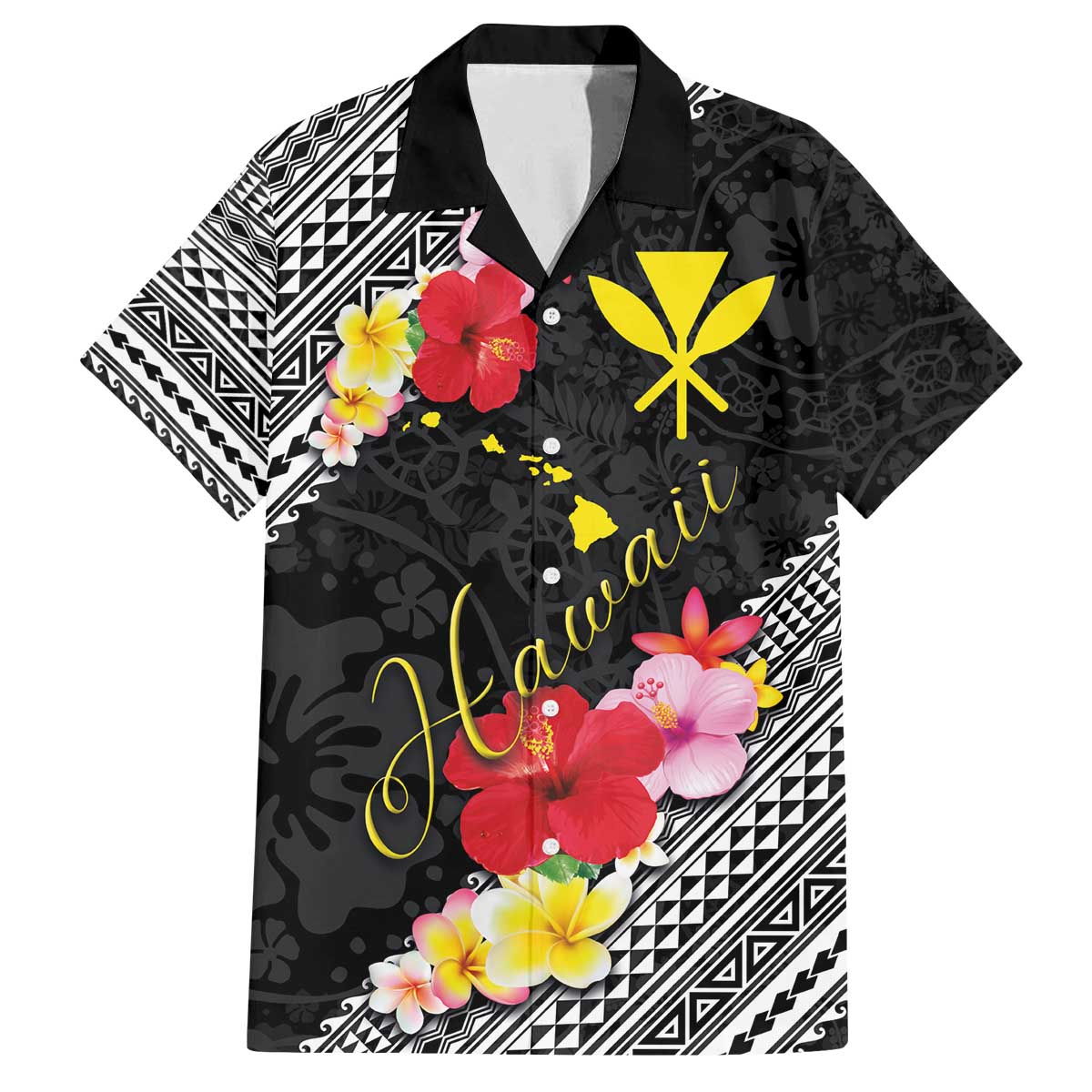 Aloha Hawaii Hibiscus and Plumeria Flowers Family Matching Off Shoulder Short Dress and Hawaiian Shirt Kanaka Maoli Tattoo Polynesian Pattern