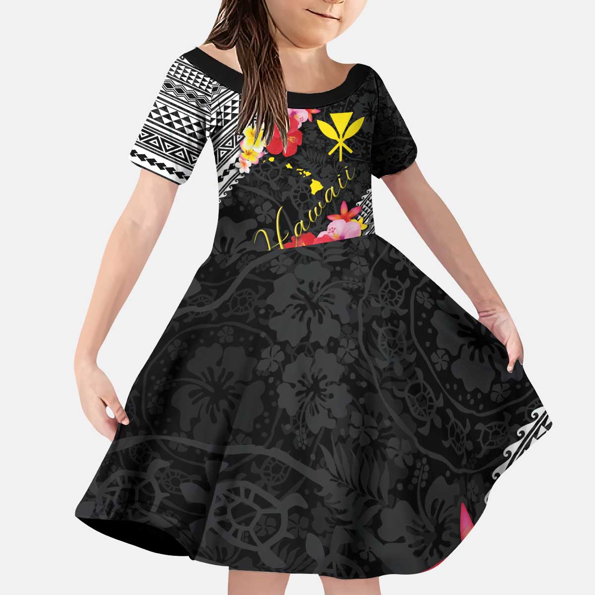 Aloha Hawaii Hibiscus and Plumeria Flowers Kid Short Sleeve Dress Kanaka Maoli Tattoo Polynesian Pattern