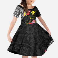 Aloha Hawaii Hibiscus and Plumeria Flowers Kid Short Sleeve Dress Kanaka Maoli Tattoo Polynesian Pattern