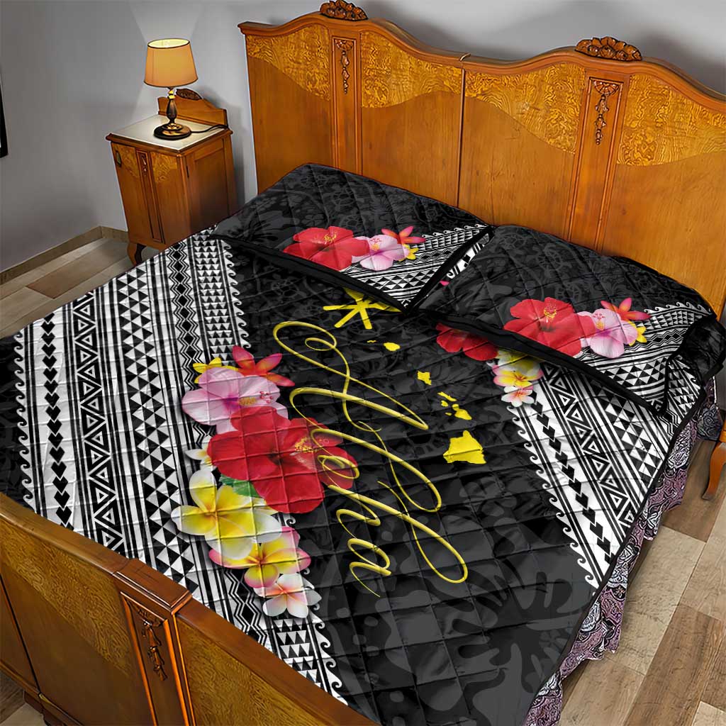 Aloha Hawaii Hibiscus and Plumeria Flowers Quilt Bed Set Kanaka Maoli Tattoo Polynesian Pattern