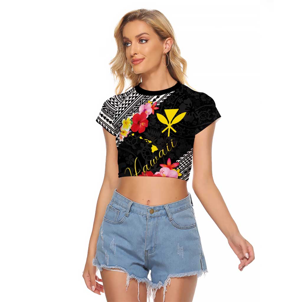 Aloha Hawaii Hibiscus and Plumeria Flowers Raglan Cropped T Shirt Kanaka Maoli Tattoo Polynesian Pattern