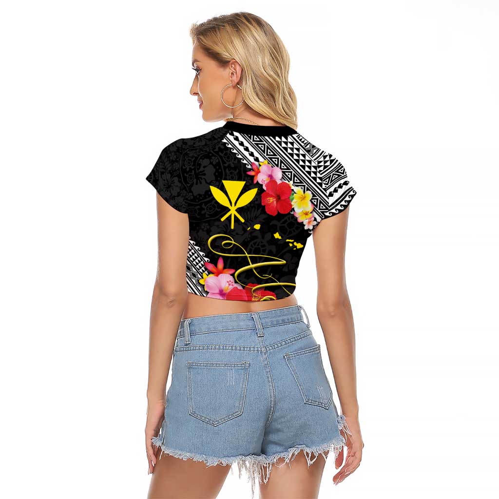 Aloha Hawaii Hibiscus and Plumeria Flowers Raglan Cropped T Shirt Kanaka Maoli Tattoo Polynesian Pattern