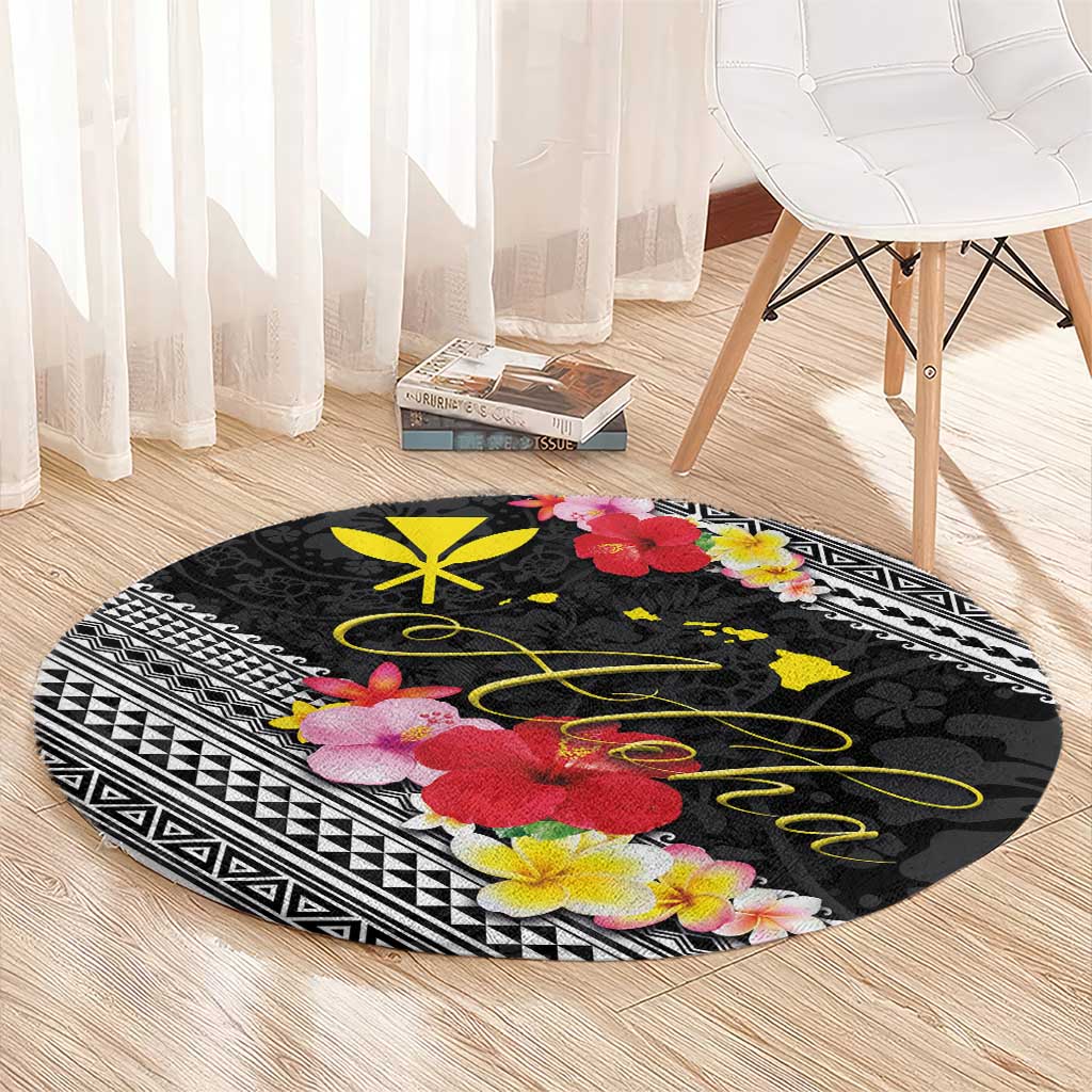 Aloha Hawaii Hibiscus and Plumeria Flowers Round Carpet Kanaka Maoli Tattoo Polynesian Pattern
