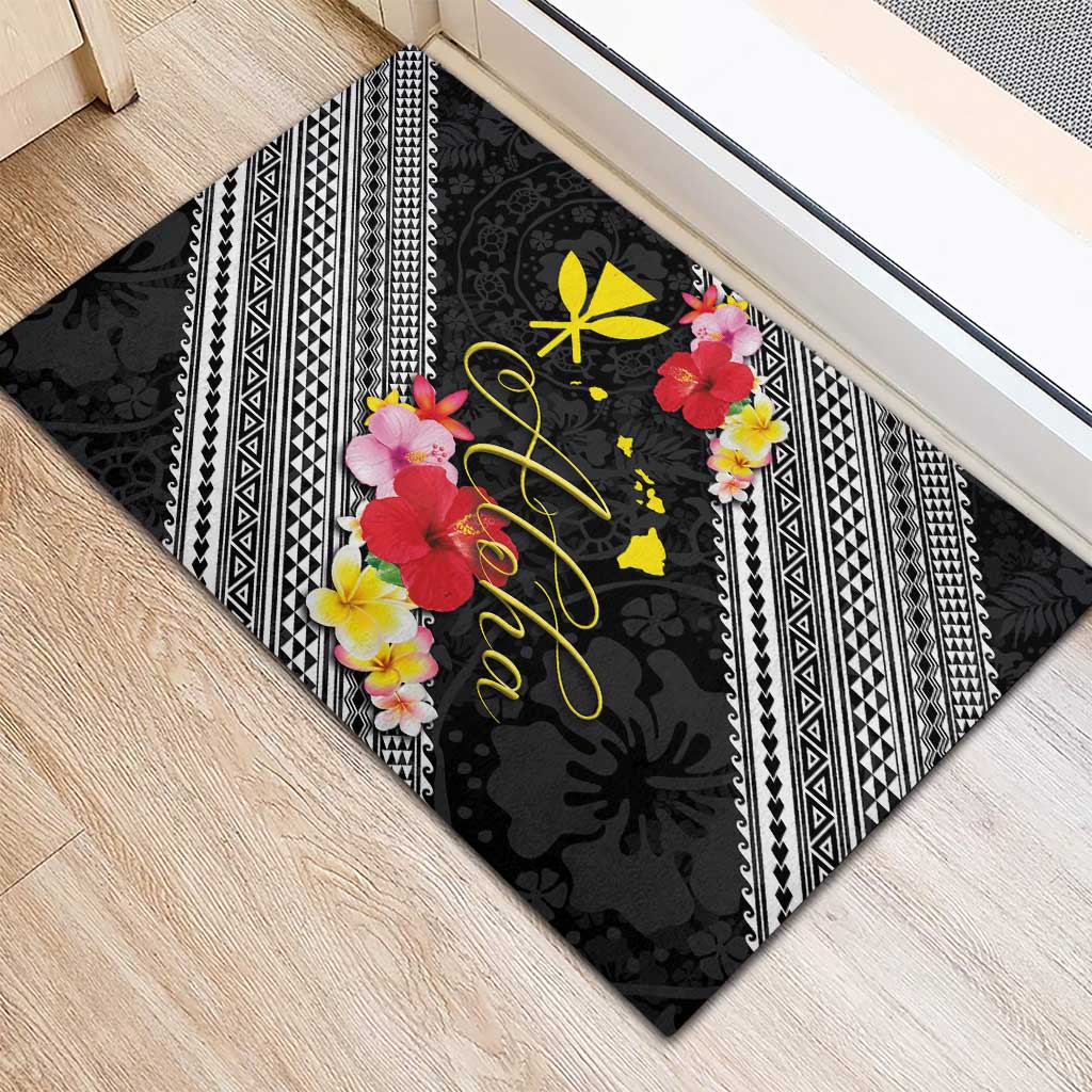 Aloha Hawaii Hibiscus and Plumeria Flowers Rubber Doormat Kanaka Maoli Tattoo Polynesian Pattern