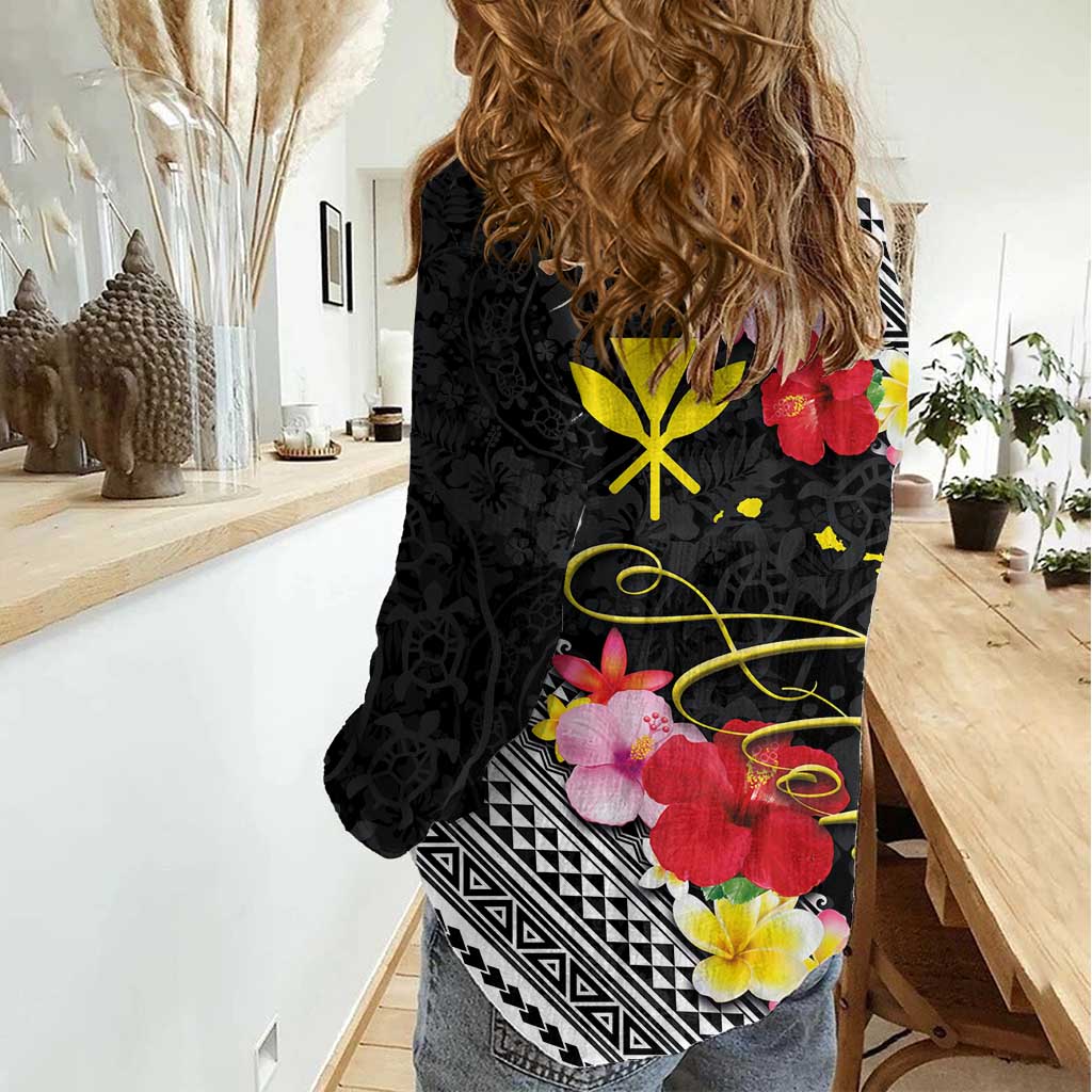 Aloha Hawaii Hibiscus and Plumeria Flowers Women Casual Shirt Kanaka Maoli Tattoo Polynesian Pattern