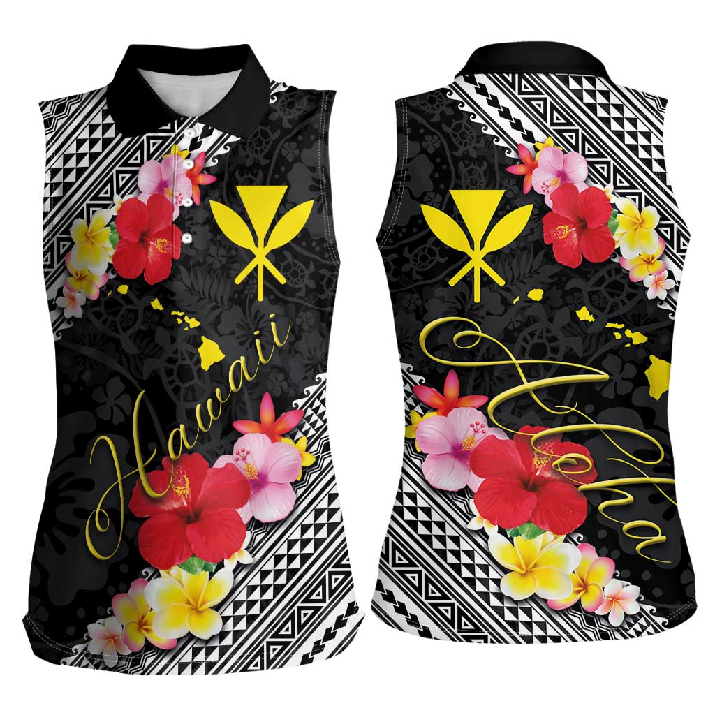 Aloha Hawaii Hibiscus and Plumeria Flowers Women Sleeveless Polo Shirt Kanaka Maoli Tattoo Polynesian Pattern
