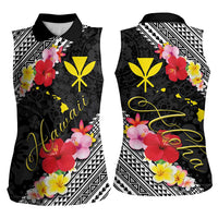Aloha Hawaii Hibiscus and Plumeria Flowers Women Sleeveless Polo Shirt Kanaka Maoli Tattoo Polynesian Pattern