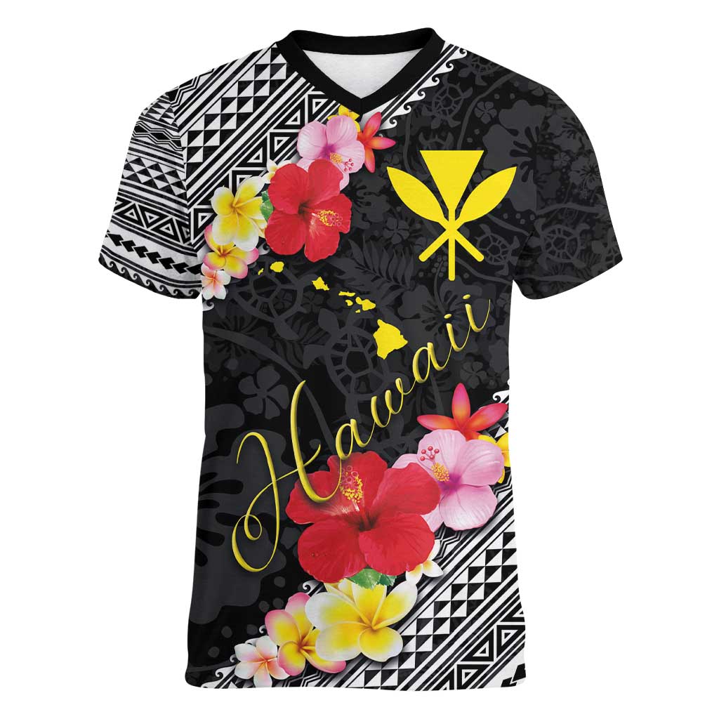 Aloha Hawaii Hibiscus and Plumeria Flowers Women V-Neck T-Shirt Kanaka Maoli Tattoo Polynesian Pattern